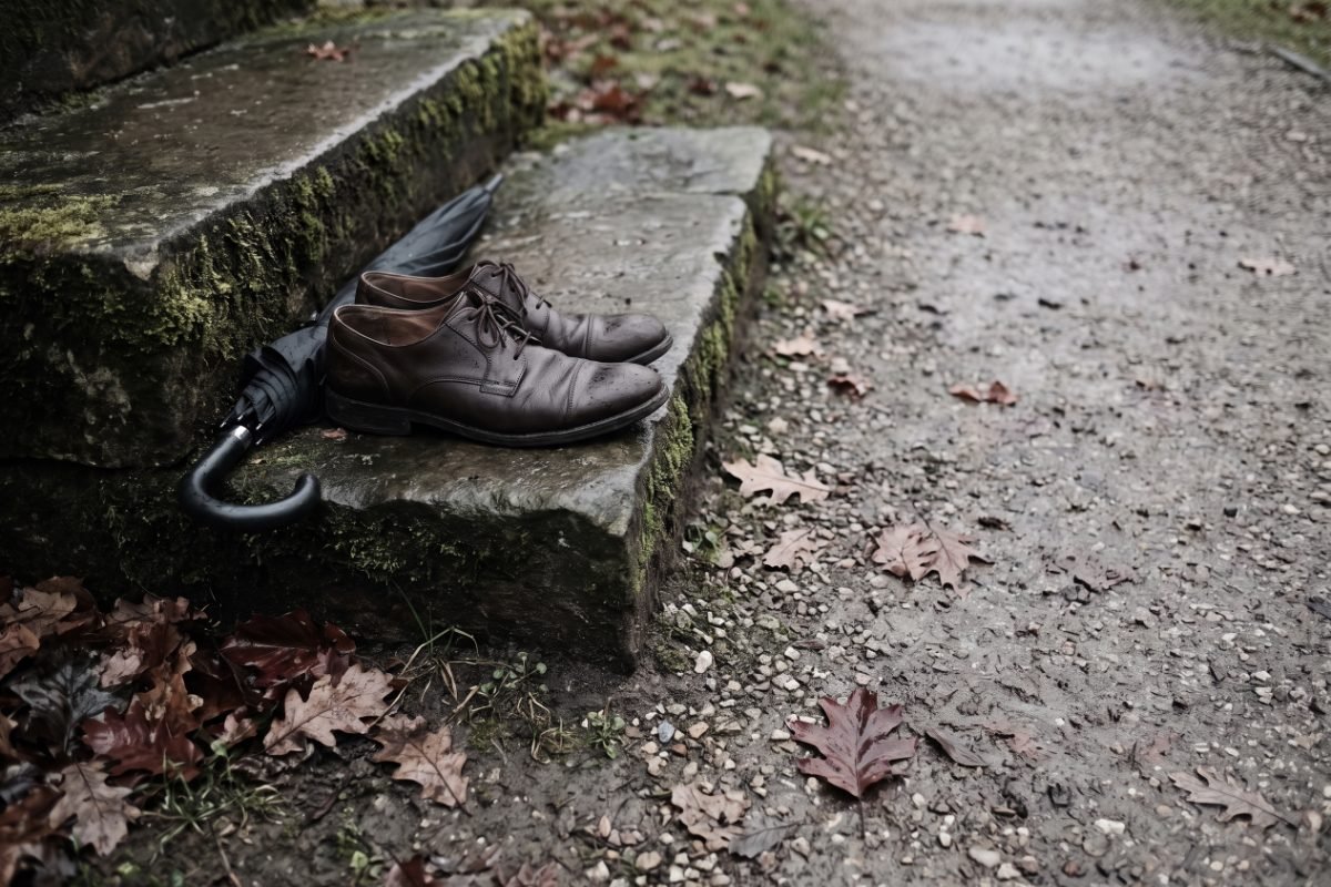 Dunkle Lederschuhe und ein geschlossener Schirm auf einer Steinstufe am Weg