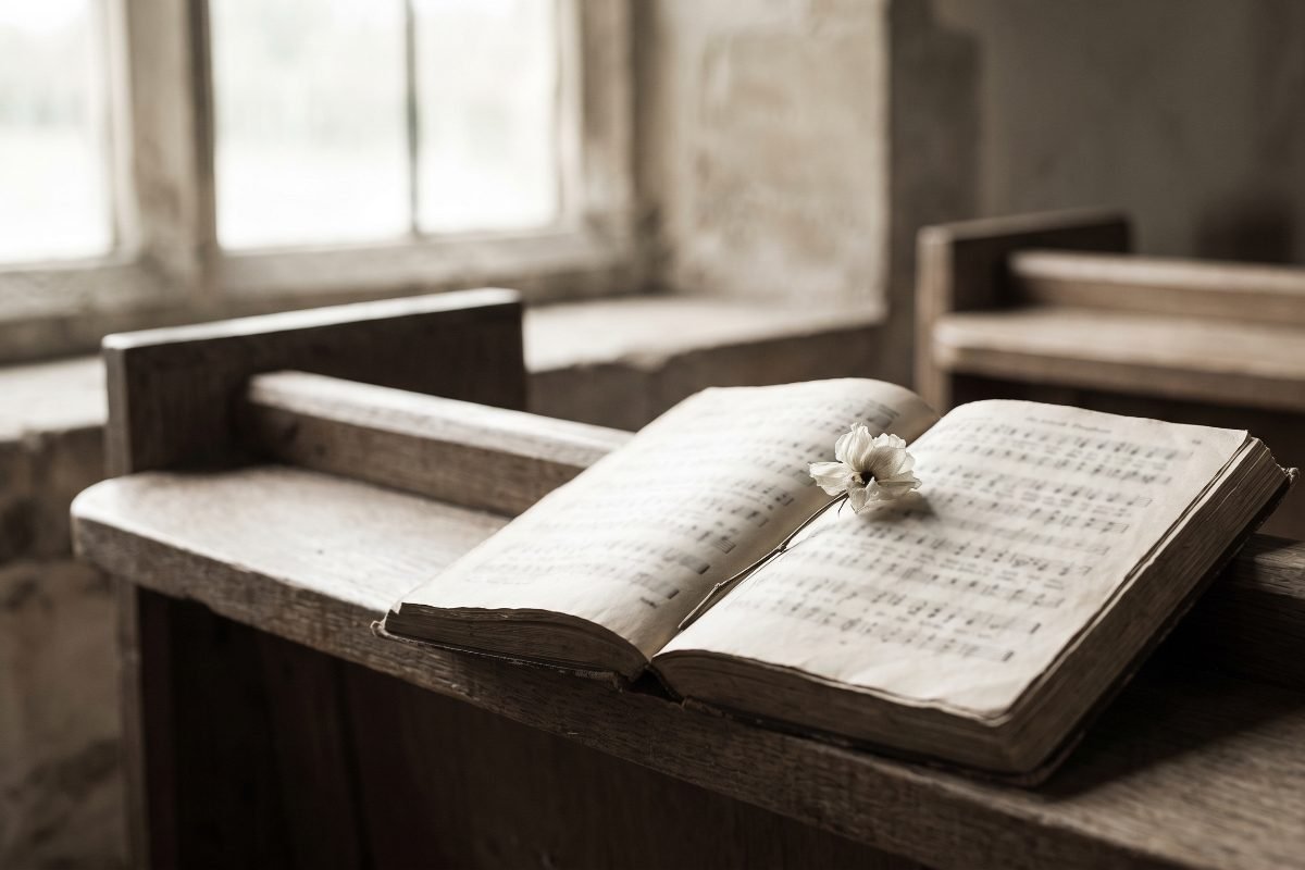 Aufgeschlagenes Notenbuch mit einer hellen Bluete auf einer Kirchenbank