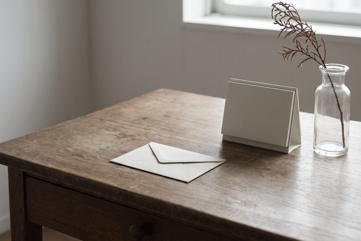 Leerer Schreibtisch mit Briefumschlag und kleinem Kalender